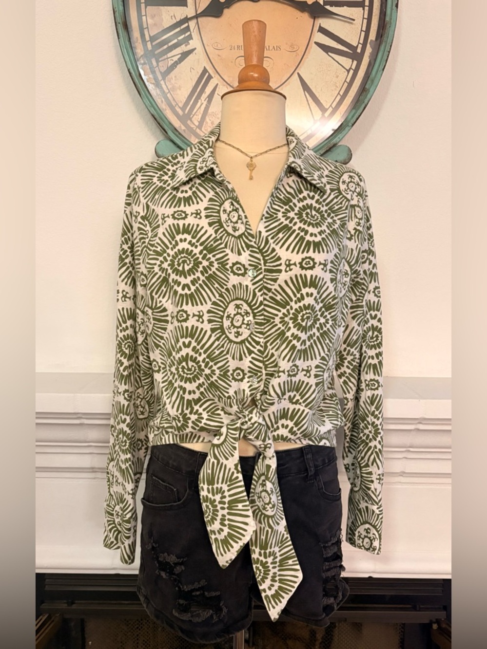 Haute Hippie Green and White Floral Medallion Blouse
